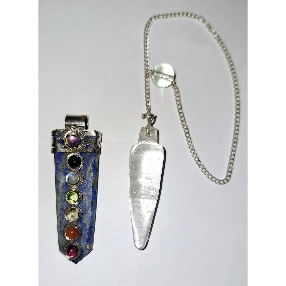 handmade Blue Lapis Lazuli Crystal 7 Chakra Pendant with Clear Quartz pendulum